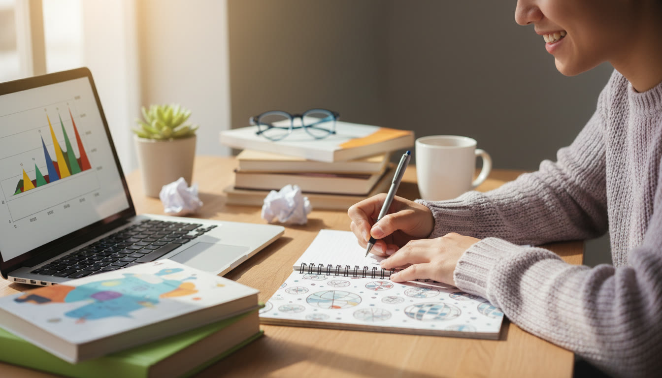 Photo Idea : Close-up of an IB student writing in a notebook with a laptop and study materials nearby