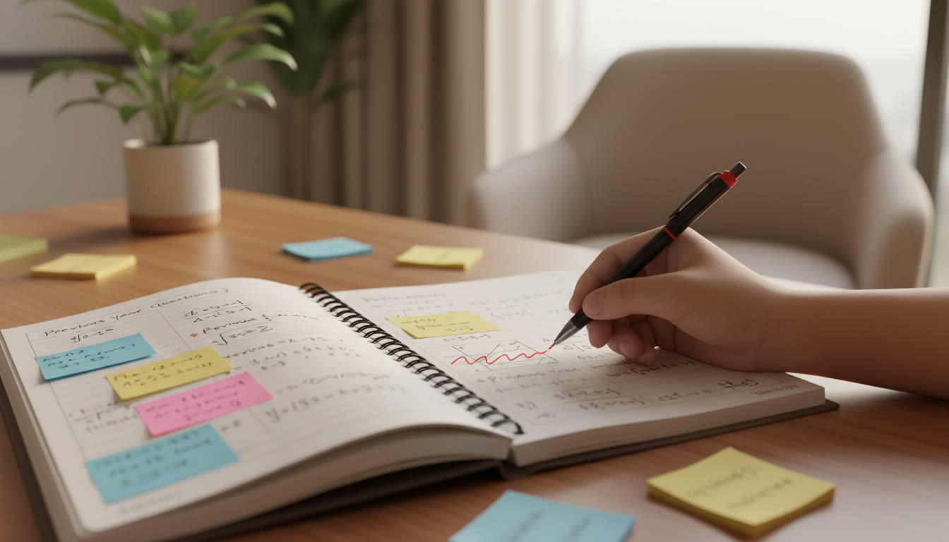 Photo Idea : Open notebook with annotated PYQs, colored sticky notes, and a pen marking weak areas