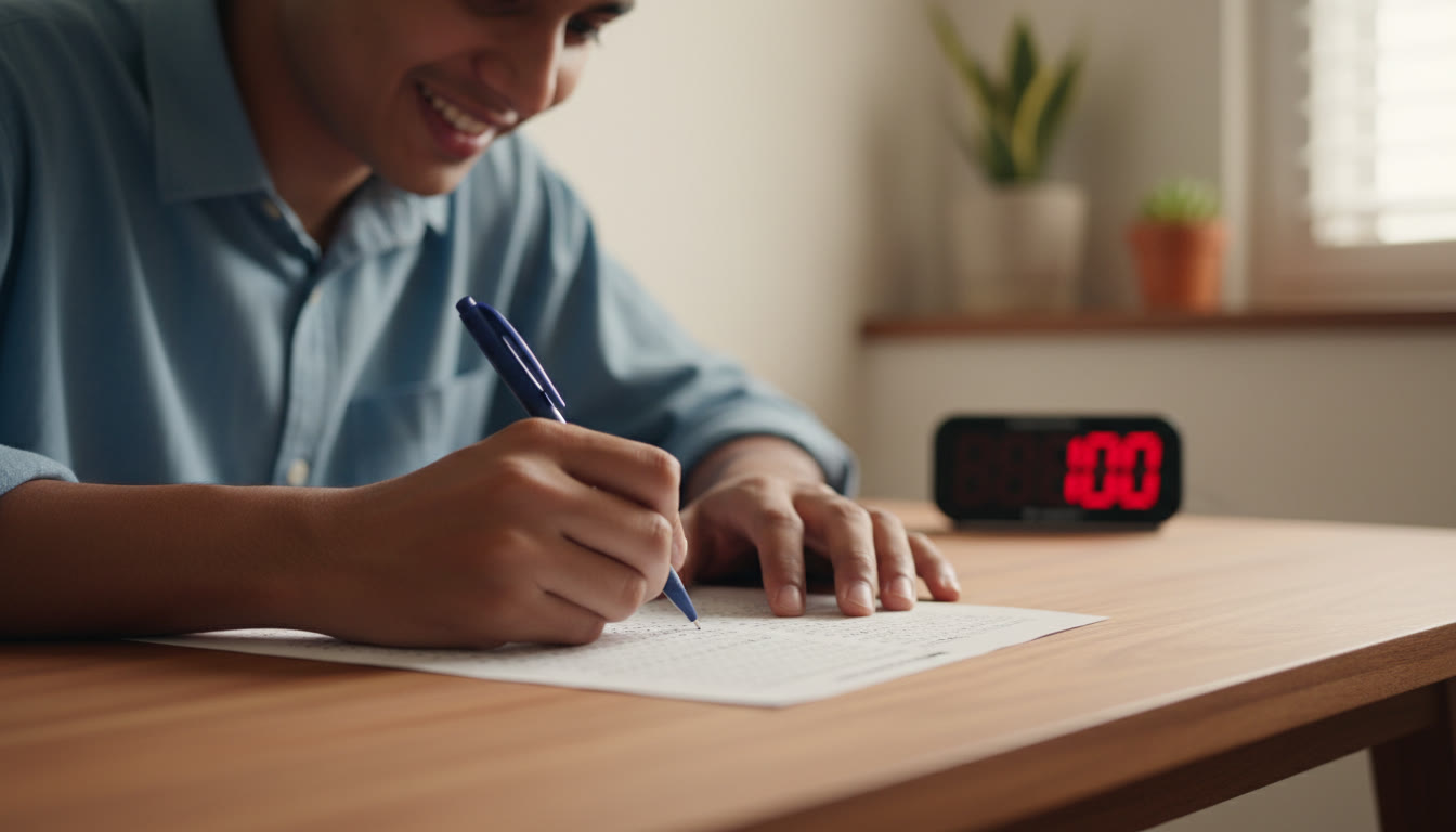Photo Idea : Close-up of a student filling an OMR sheet with a timer in the background