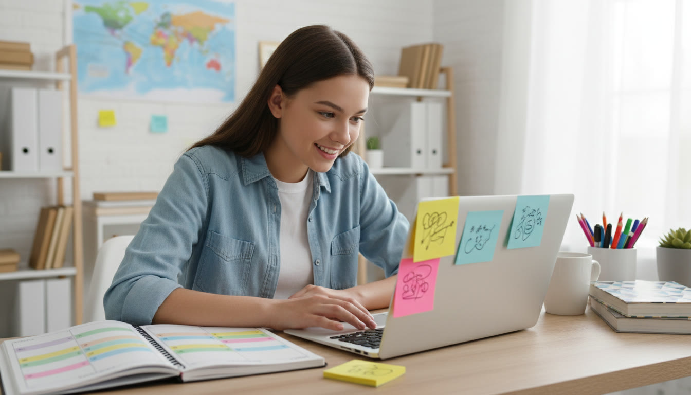 Photo Idea : a student at a tidy desk with a weekly planner, laptop, and color-coded sticky notes