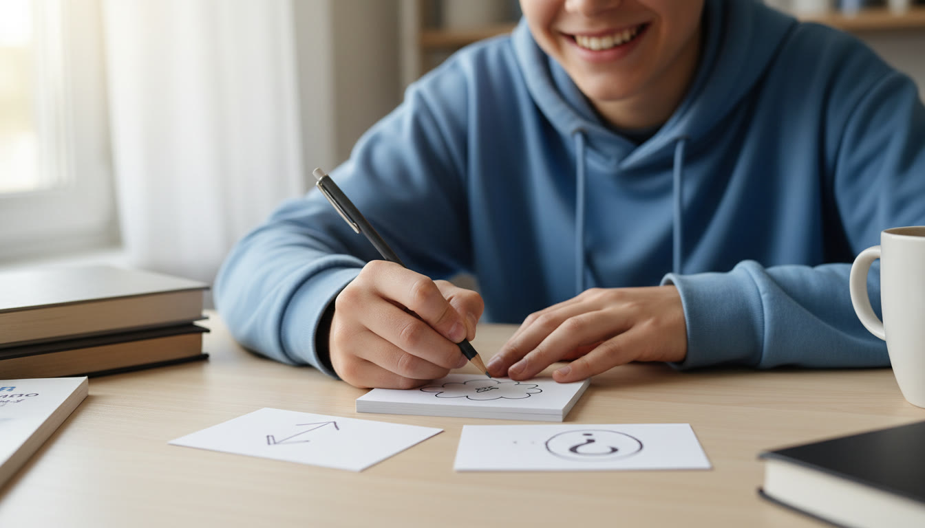 Photo Idea : Close-up of a student writing a concise answer template on index cards labeled 