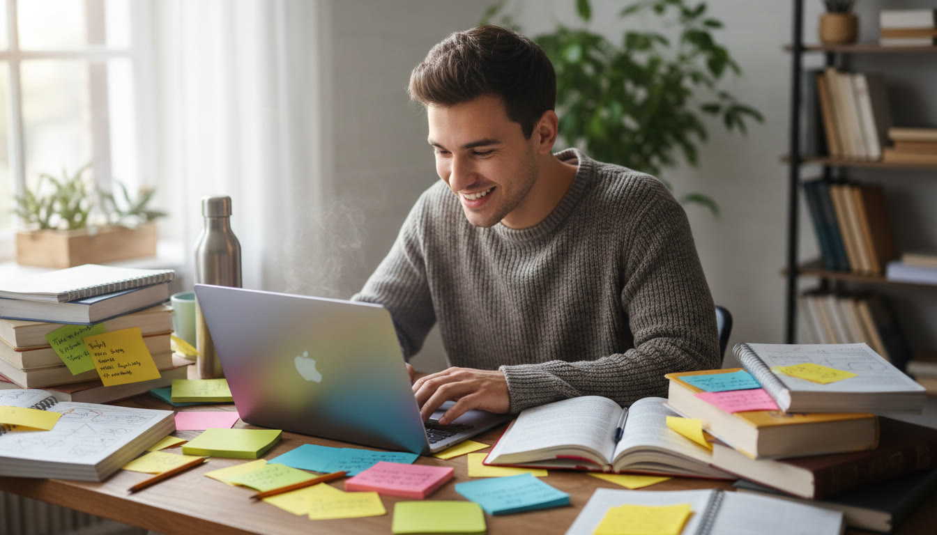 Photo Idea : Student at a desk surrounded by colorful notes and textbooks, focused on a laptop