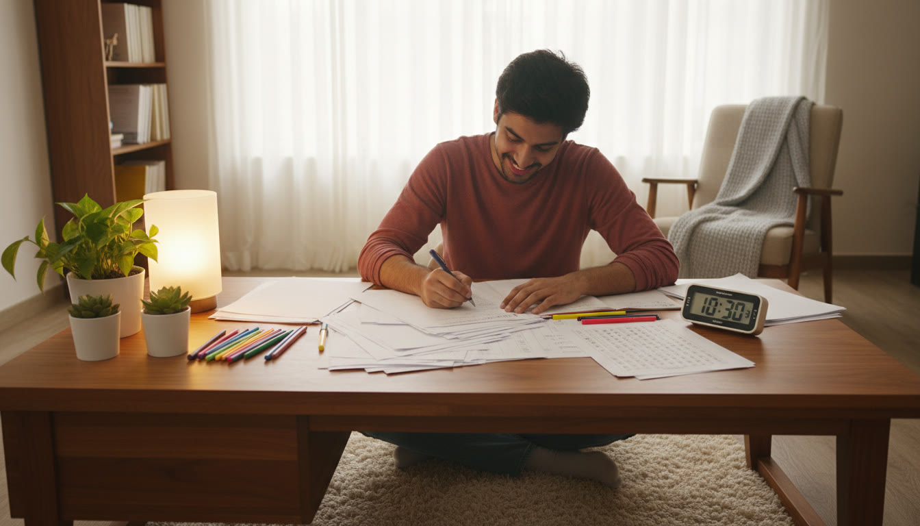 Photo Idea : A student practicing full-length mock test papers with a stopwatch and an OMR sheet for practice