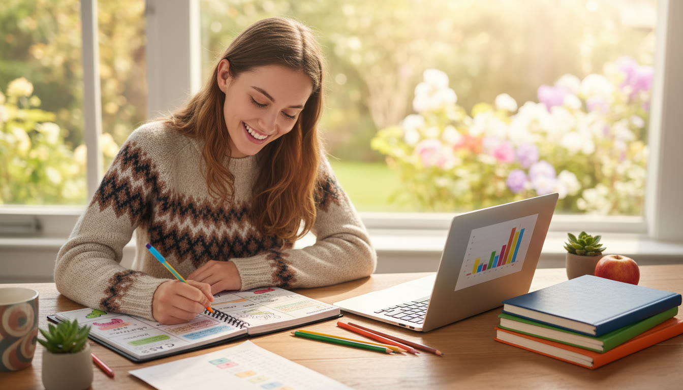 Photo Idea : Student filling out a colorful CAS planner beside a laptop and a stack of notebooks