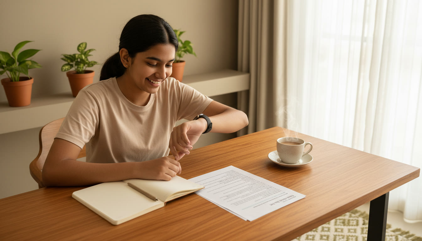 Photo Idea : A student timing a mock test with a printed English paper, notebook, and a cup of tea on the desk