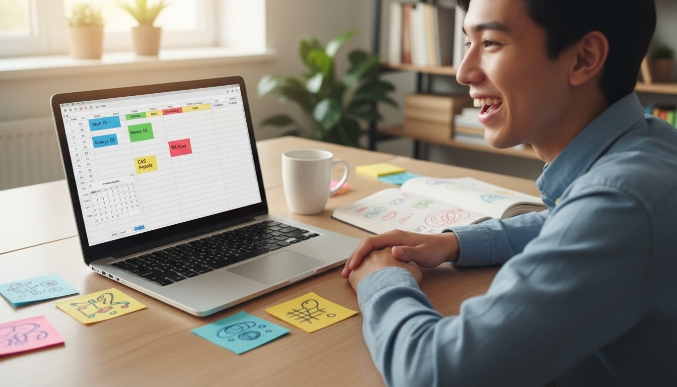 Photo Idea : Student at a tidy desk with a laptop showing a color-coded spreadsheet, sticky notes, and a calendar