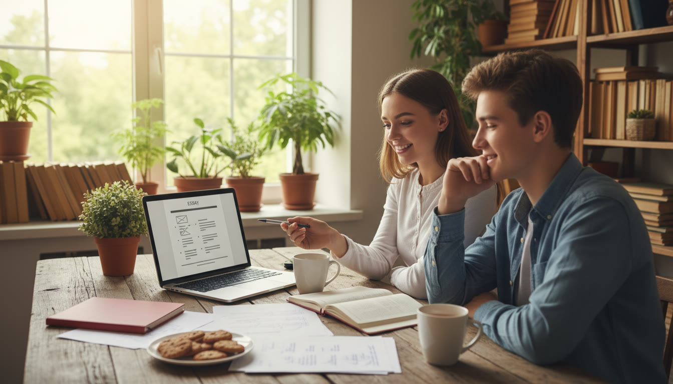 Photo Idea : A tutor and student discussing notes over a laptop with an essay outline on screen