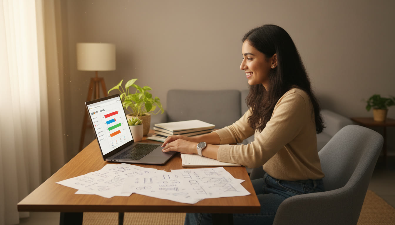 Photo Idea : A focused student at a desk, surrounded by physics and math notes, looking confidently at a laptop screen showing a mock-test dashboard