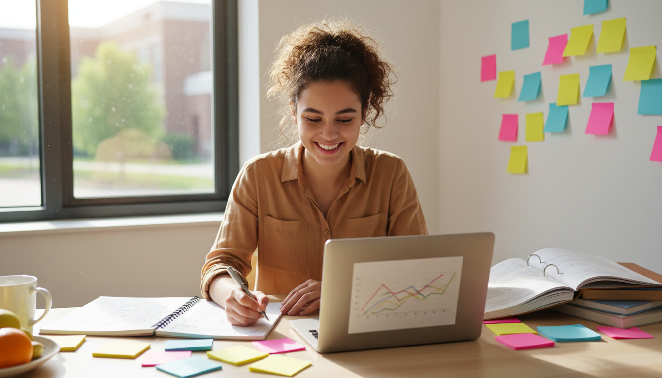 Photo Idea : A student at a desk surrounded by sticky notes, a laptop, and a notebook titled Project Plan