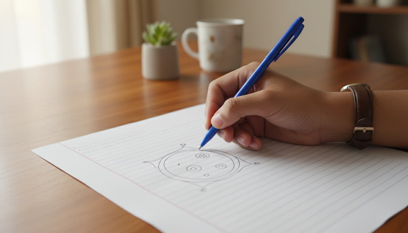 Photo Idea : Close-up of a student’s hand drawing a neat, labelled scientific diagram on an answer sheet