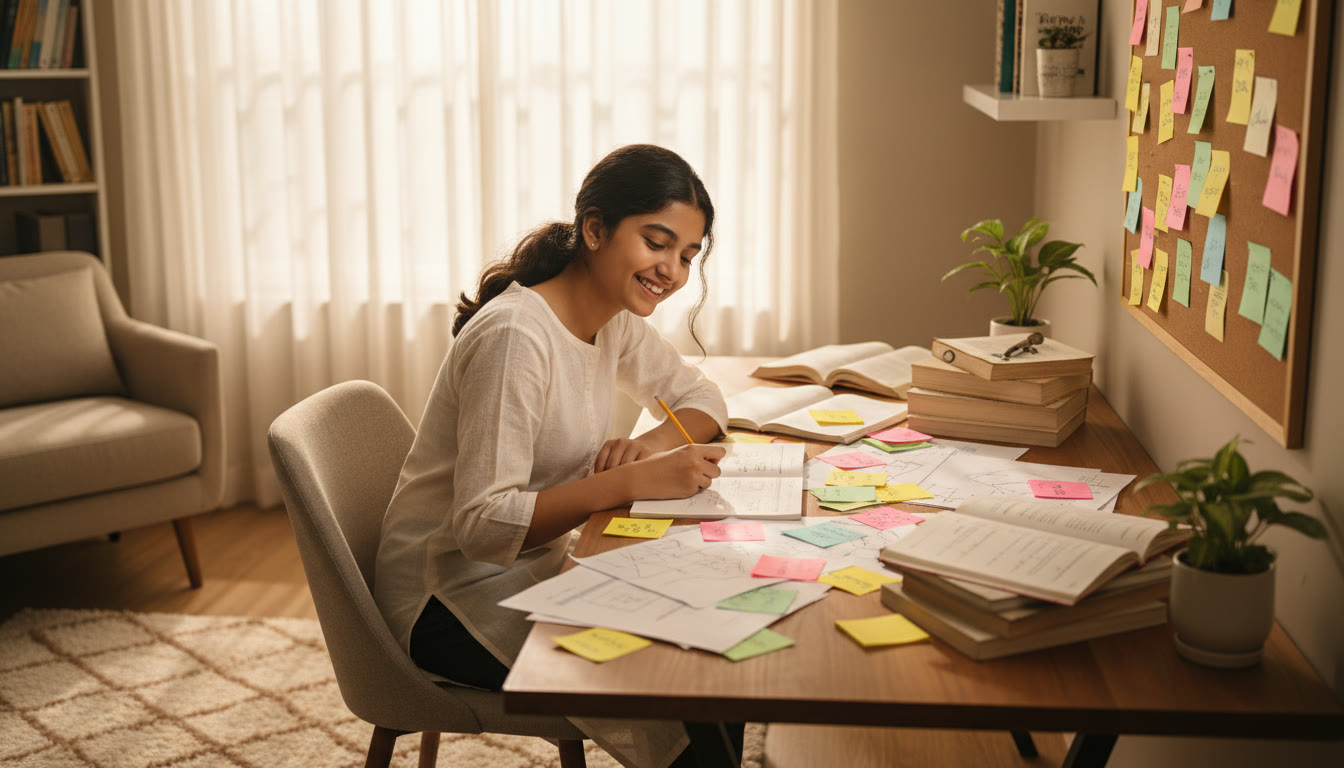 Photo Idea : A focused student at a desk surrounded by open books, sketches and colorful sticky notes