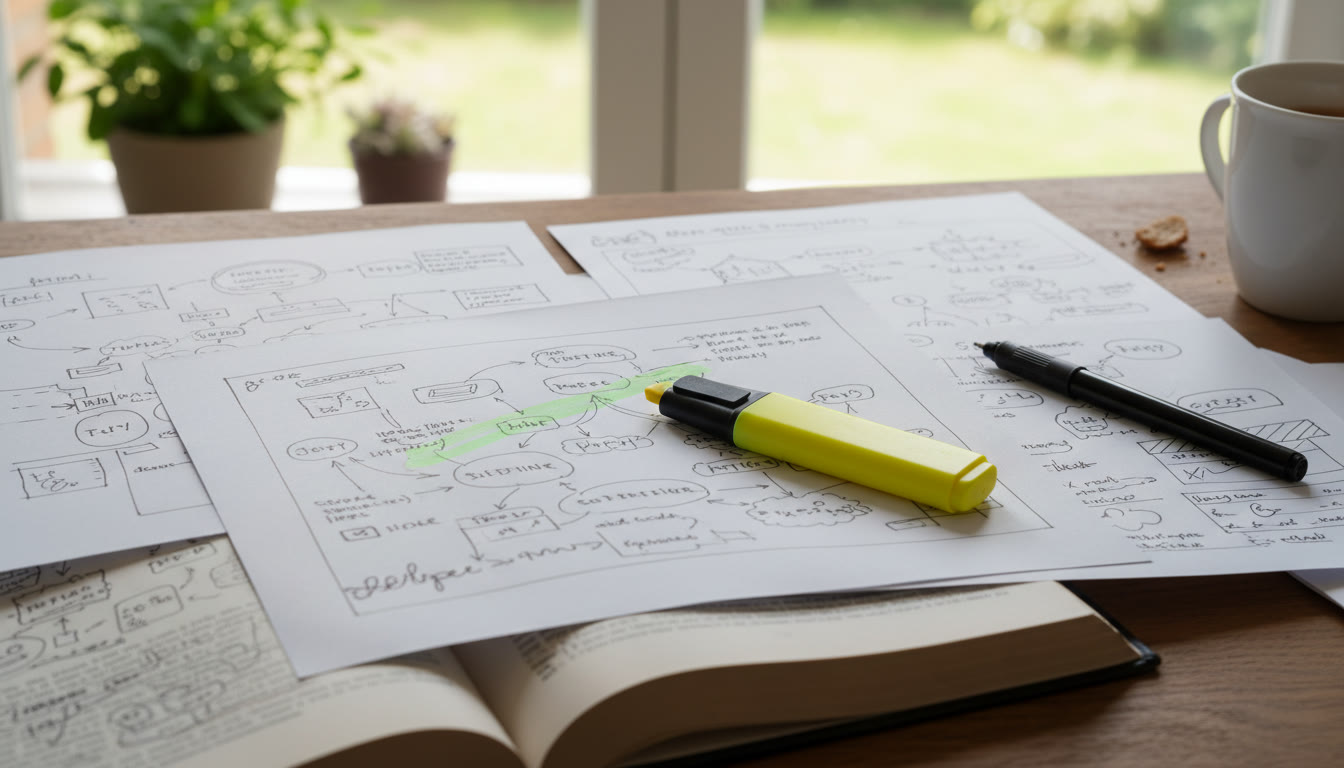 Photo Idea : annotated draft pages with margin comments and a highlighter