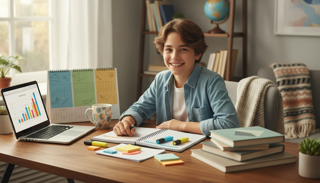 Photo Idea : A student at a desk with color-coded planner, laptop, textbooks, and a three-month calendar
