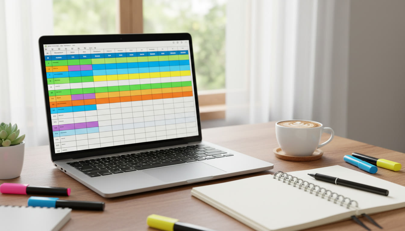Photo Idea : A tidy laptop screen showing a colorful spreadsheet next to a notebook and a coffee cup