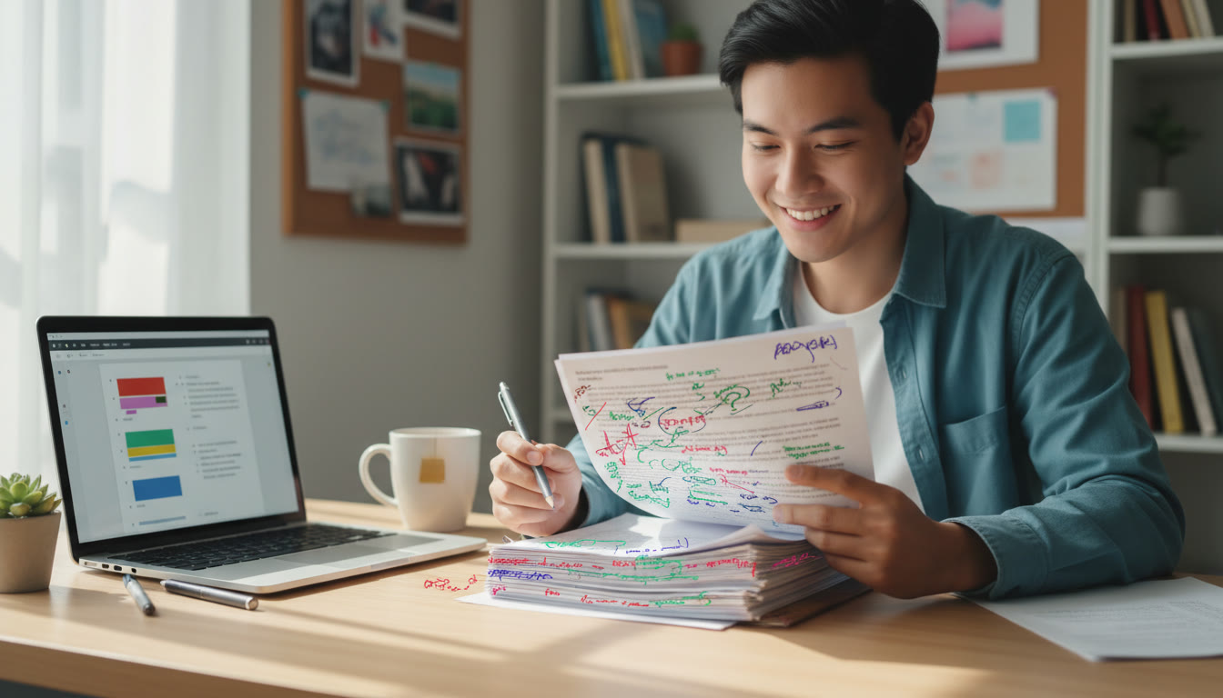 Photo Idea : Student reading a printed IA draft with colorful handwritten teacher notes and a laptop open to their notes