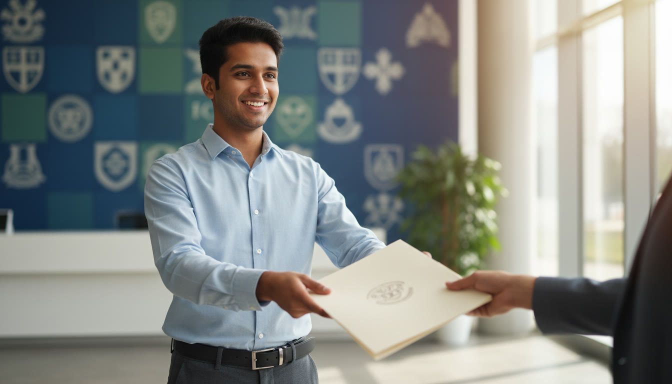 Photo Idea : Student confidently handing in an application folder with university logos in the background