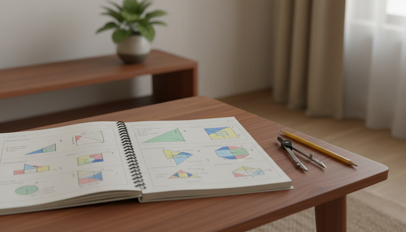 Photo Idea : A close-up of a notebook with neatly drawn, color-coded diagrams and labelled steps, a compass and pencil nearby.