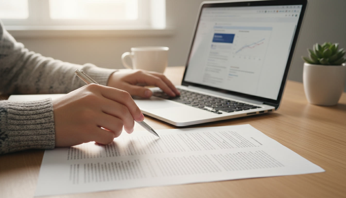 Photo Idea : a close-up of a student’s hand checking a printed bibliography next to a laptop