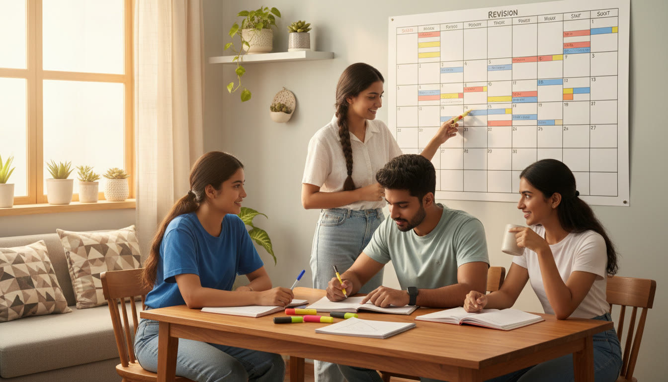 Photo Idea : Students gathered around a study table with open notebooks, highlighters and a wall calendar showing a revision schedule