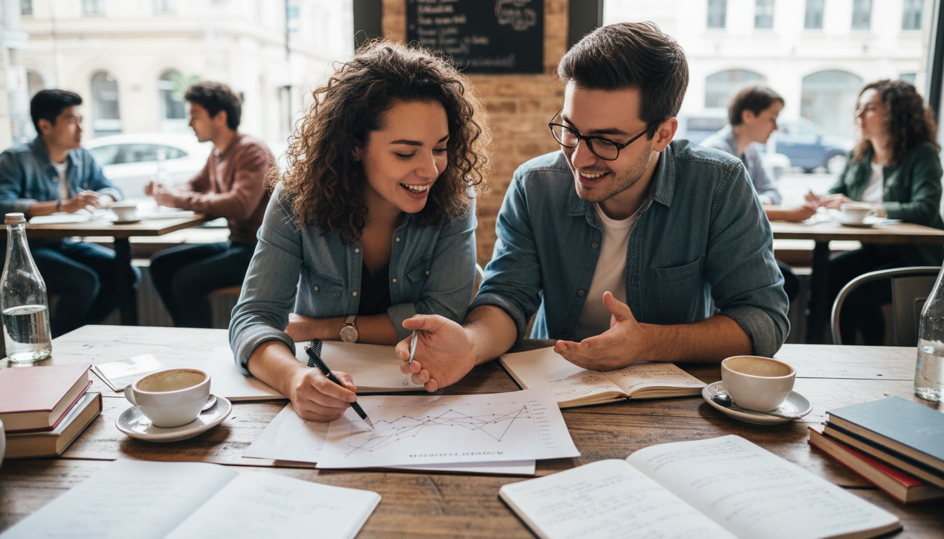 Photo Idea : Two students discussing a graph printout and notes at a café table