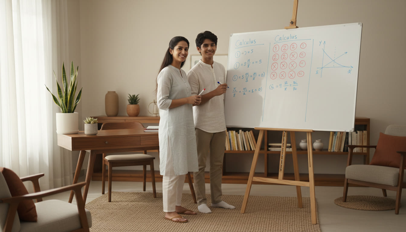Photo Idea : Tutor and student reviewing a mock test on a whiteboard with error patterns highlighted.