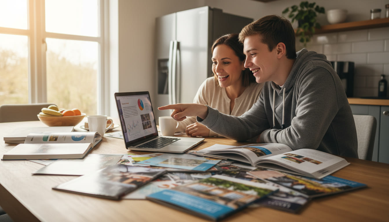 Photo Idea : A parent and teenager at a kitchen table, surrounded by university brochures and a laptop, smiling and pointing at a screen