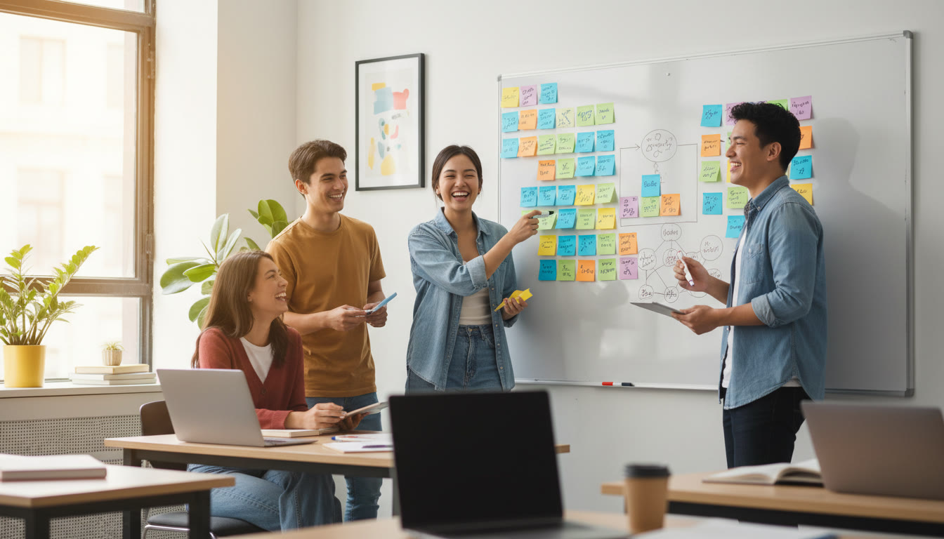 Photo Idea : Small group of students collaborating around a whiteboard with colorful sticky notes