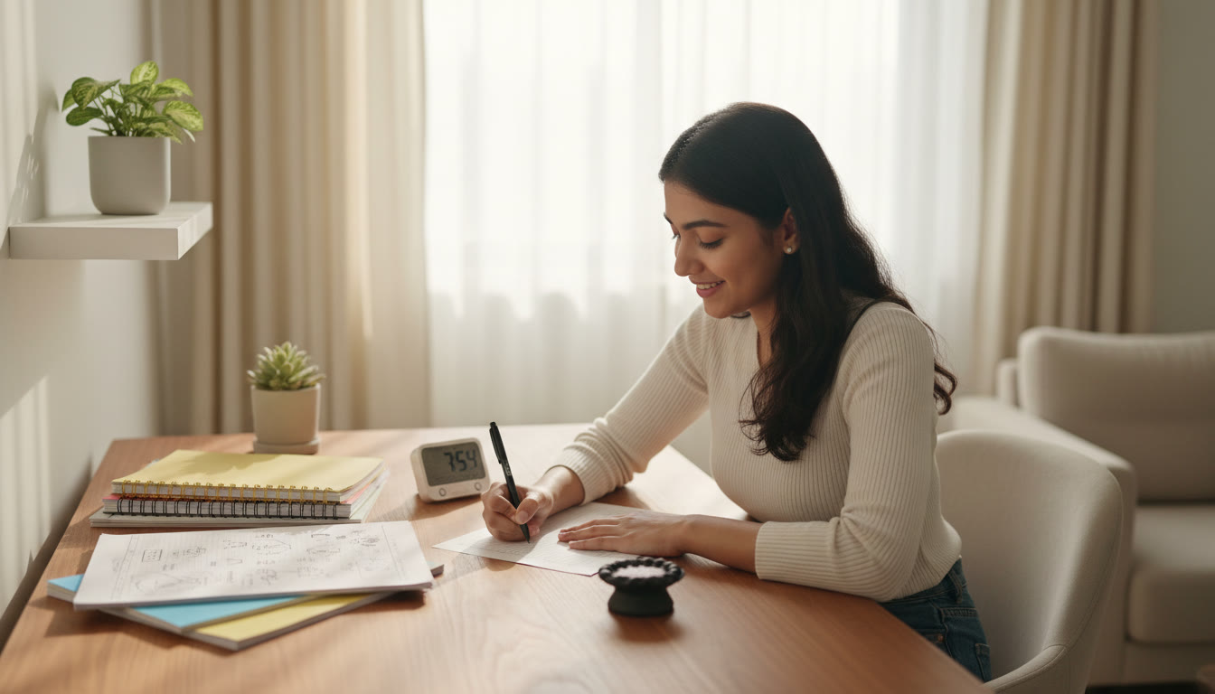 Photo Idea : Student filling an OMR sheet at a desk with a timer and notes nearby