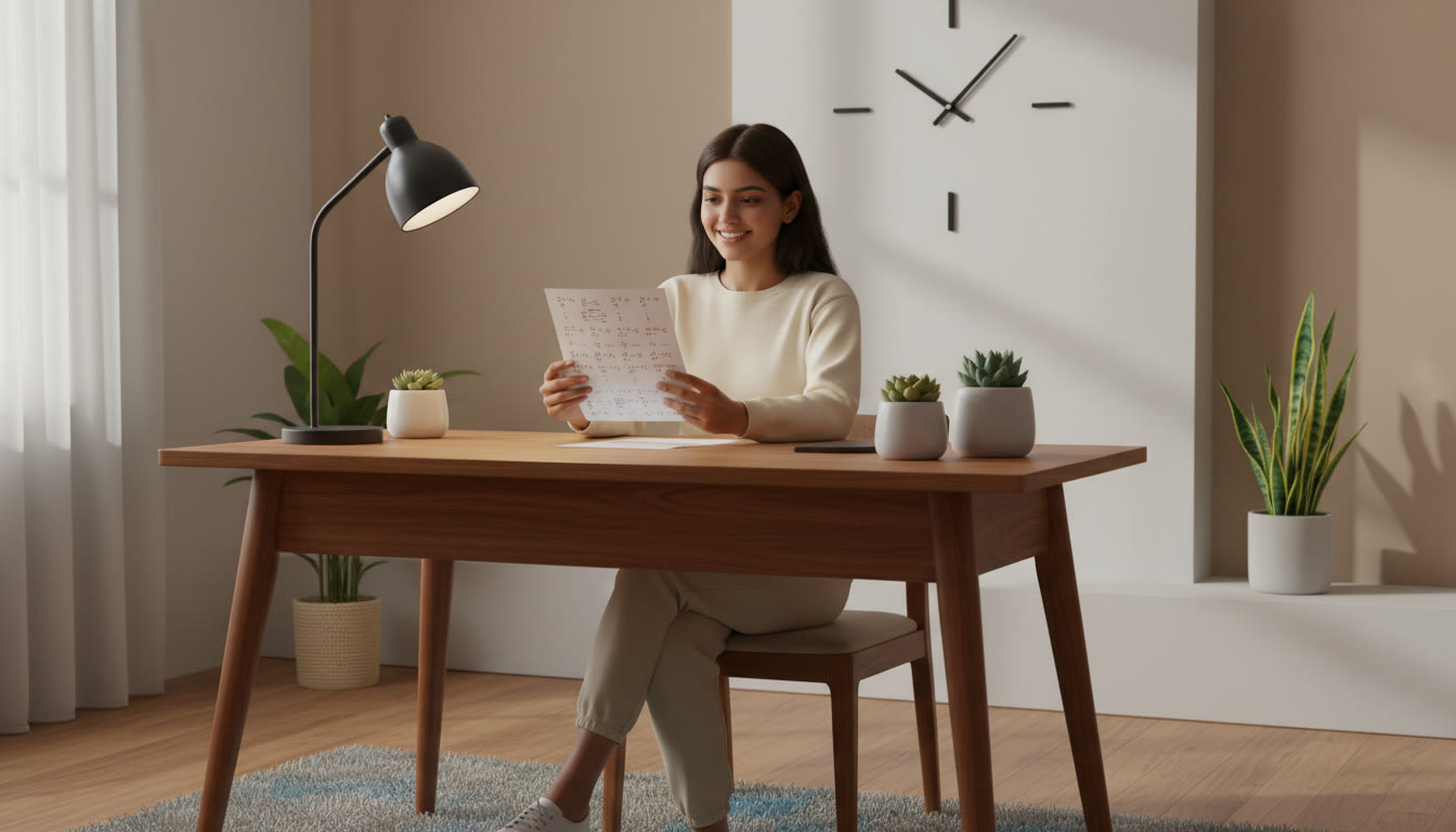 Photo Idea : Student reviewing a one-page formula sheet while a wall clock shows early morning time