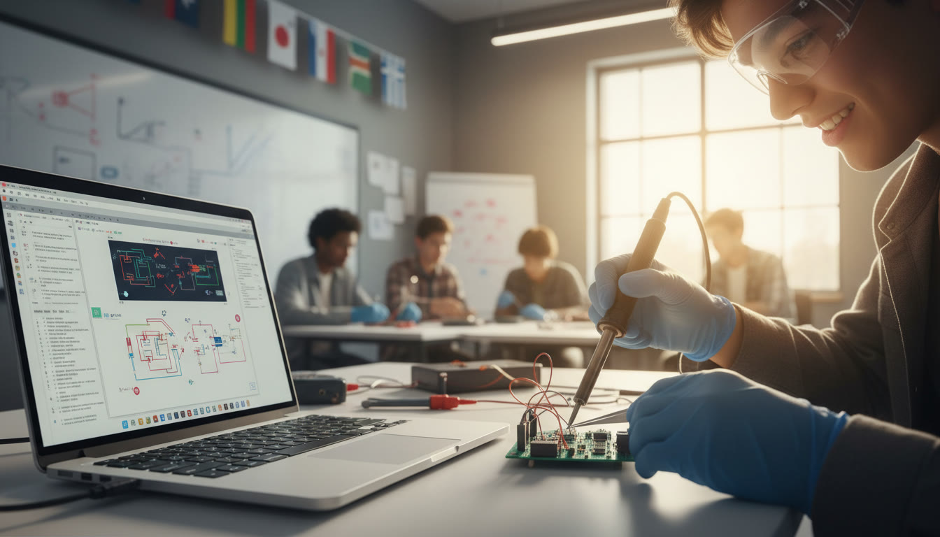 Photo Idea : Close-up of a student’s hands soldering a small circuit board with a laptop open to CAD diagrams