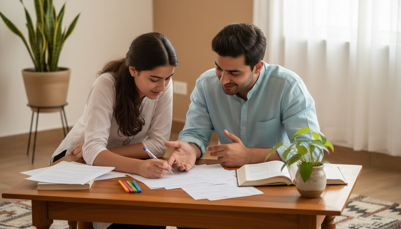 Photo Idea : A focused student and a tutor reviewing a handwritten answer script together at a study table