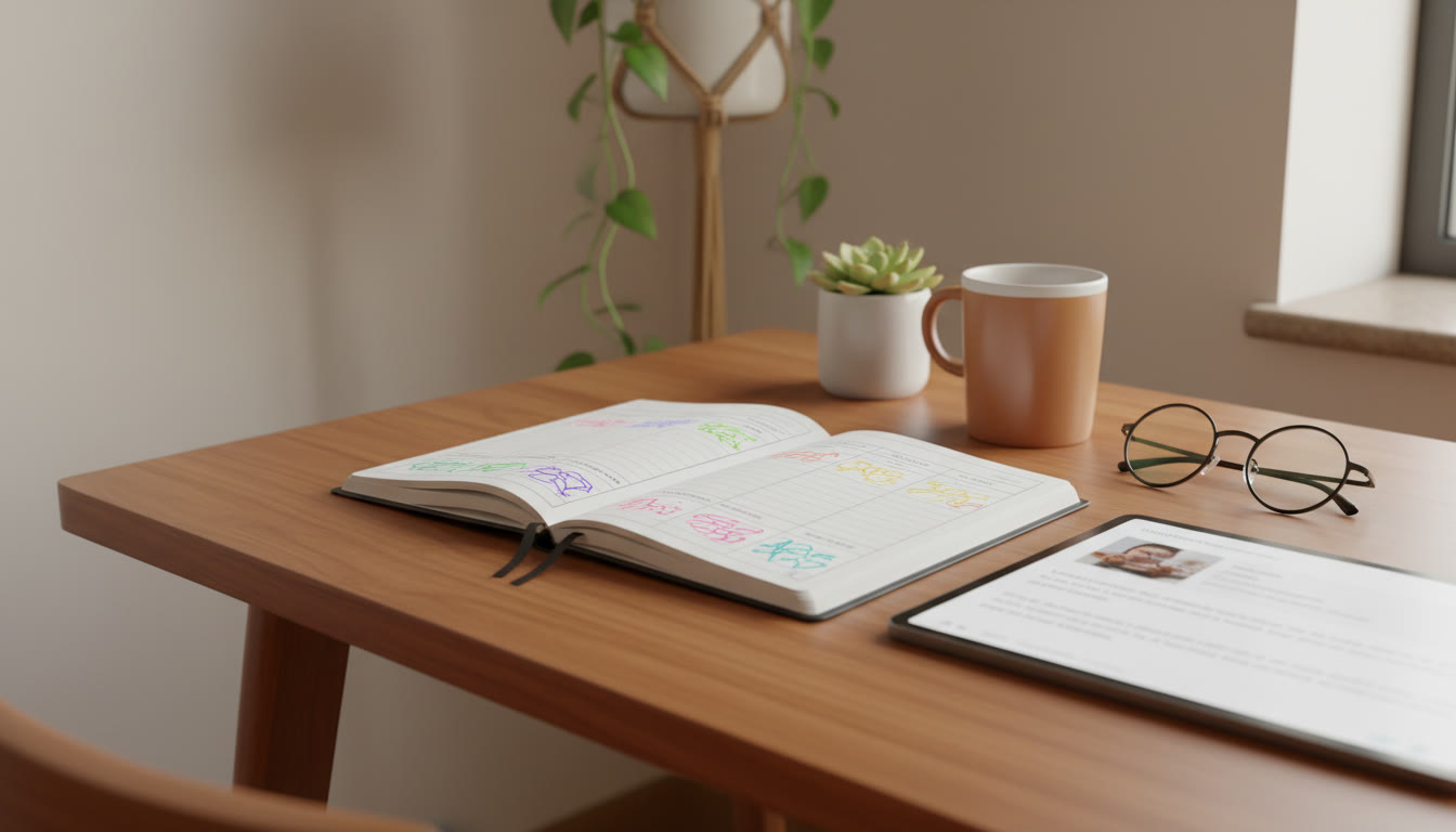Photo Idea : Open notebook showing an error log with columns for mistake type, cause, and corrective action