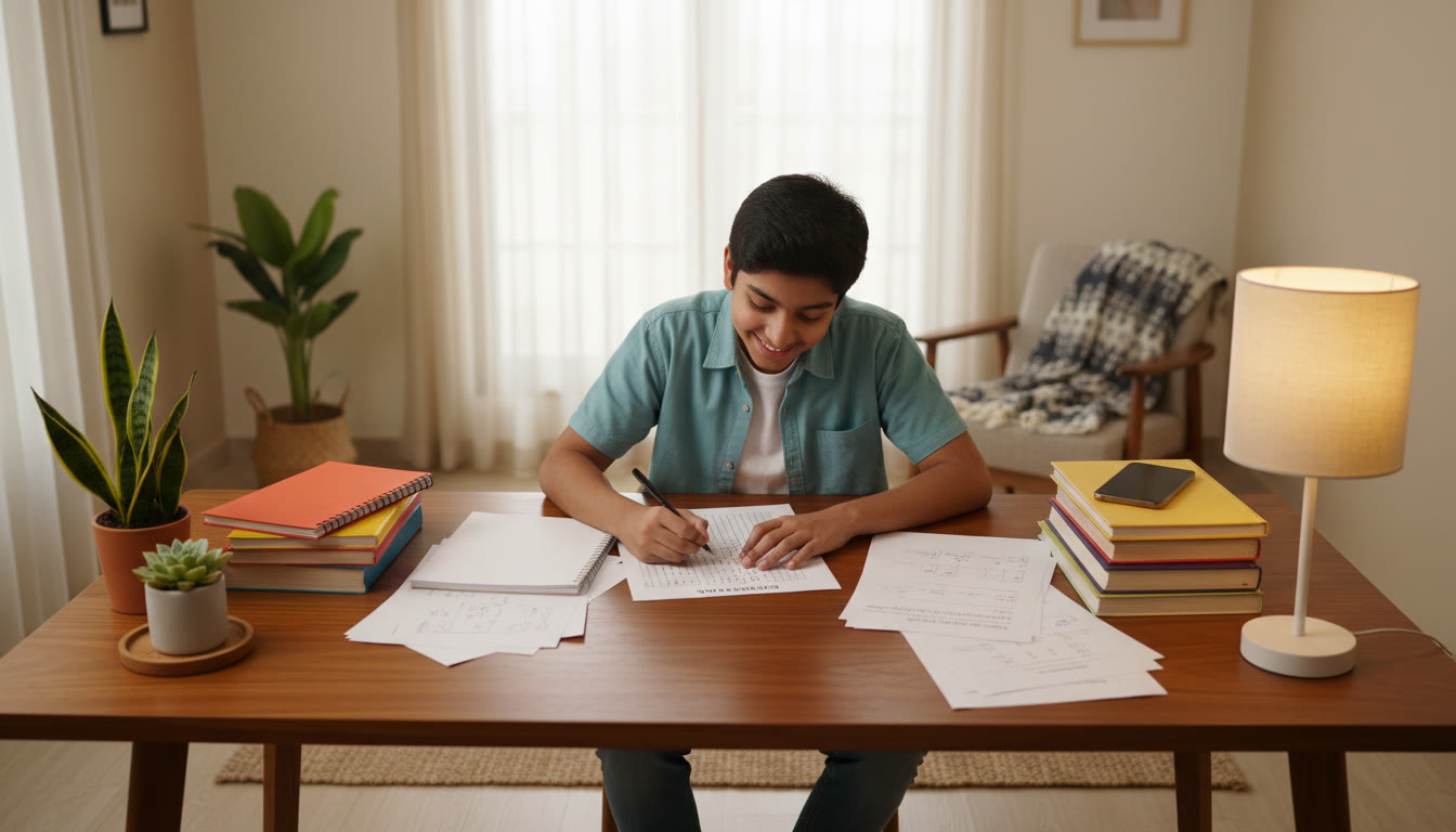 Photo Idea : A focused student marking answers on an OMR sheet with a pen, surrounded by neatly organized notes