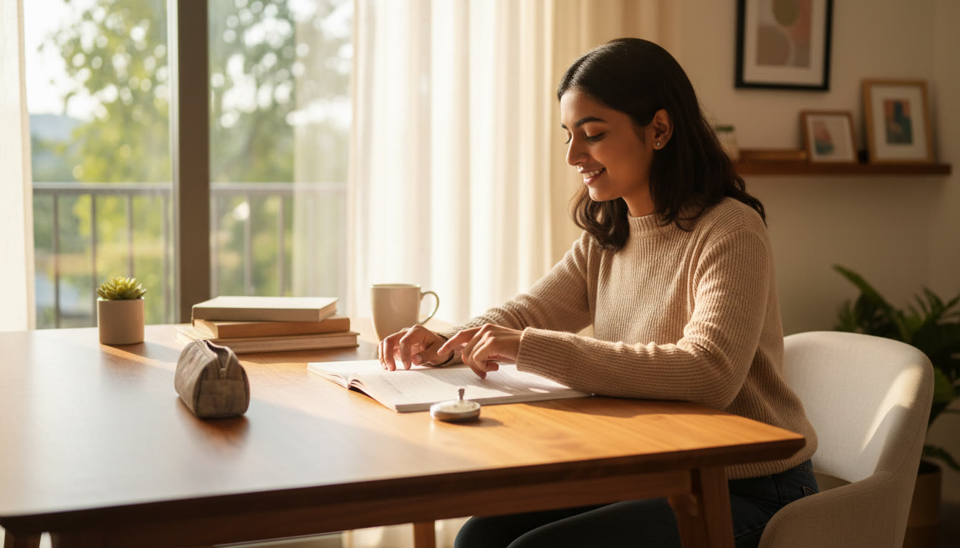 Photo Idea : A student taking a timed mock test at a desk with a stopwatch and answer booklet