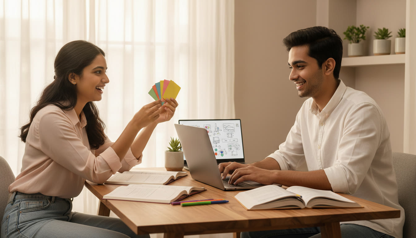 Photo Idea : Two students at a table comparing notes, one using flashcards and the other practicing on a laptop
