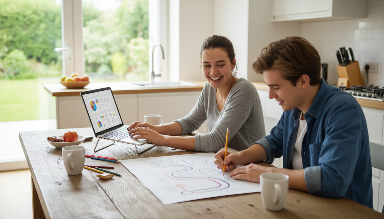 Photo Idea : Two students sitting at a kitchen table, one working on a laptop and the other sketching a timeline on paper