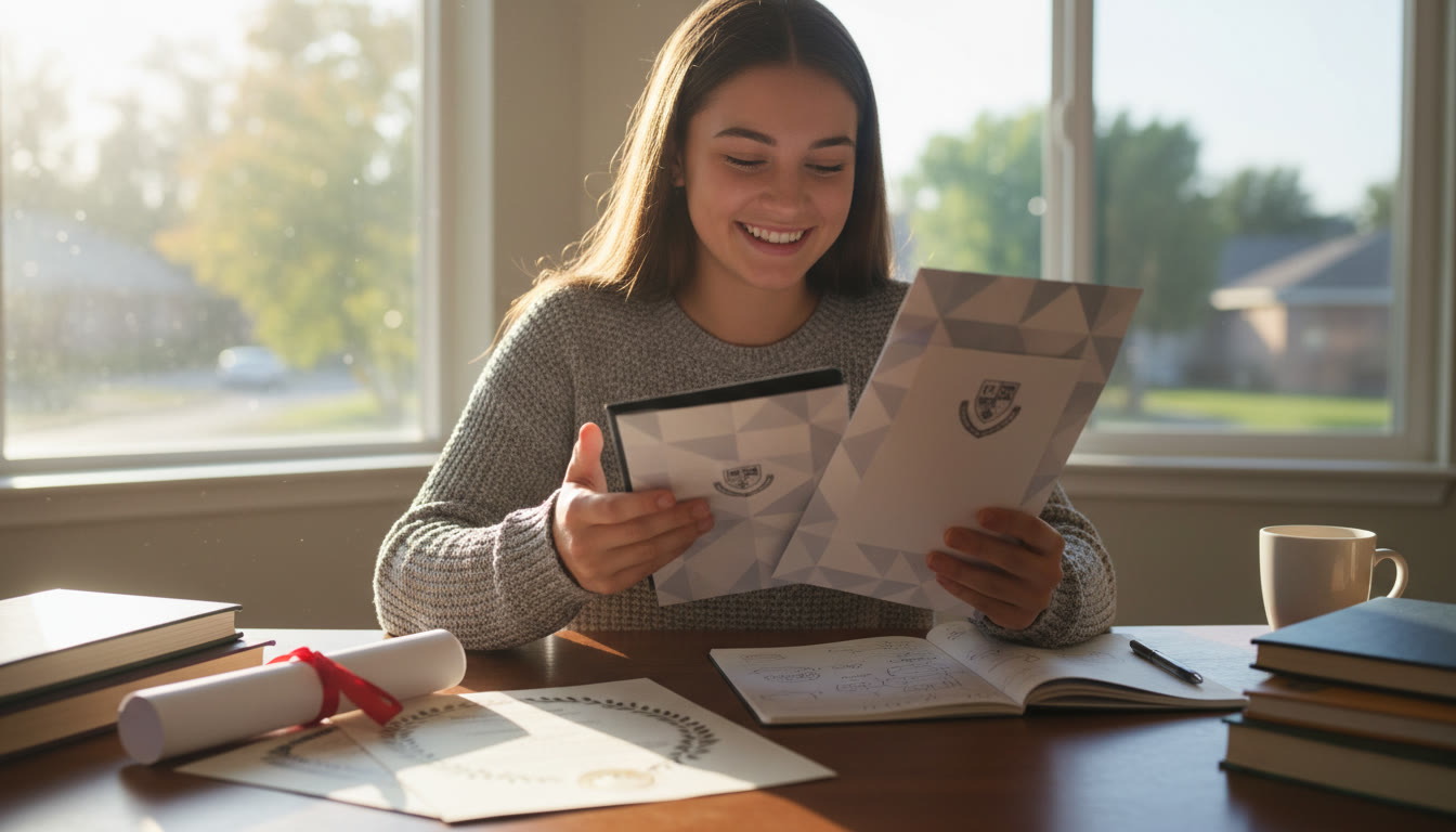 Photo Idea : High school student at a desk comparing printed Early Decision and Early Action packets, IB Diploma certificate nearby