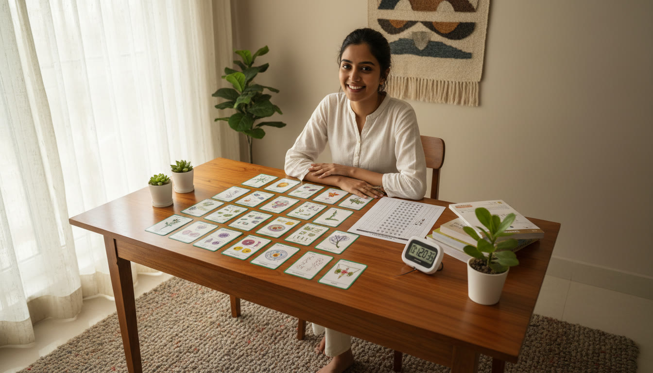 Photo Idea : A student at a desk with biology flashcards, a mock OMR sheet, and a timer