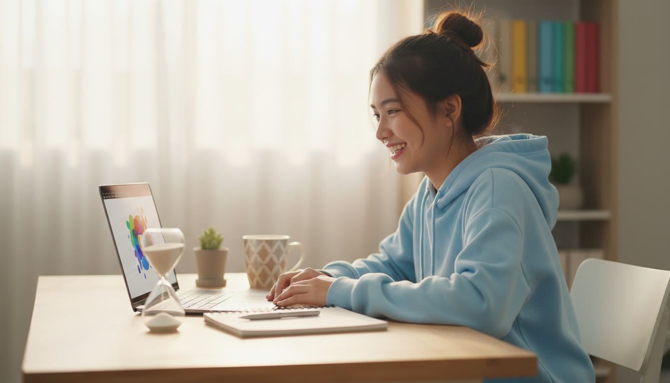 Photo Idea : Student at a tidy desk with a laptop, notebook, and a visible one-hour timer counting down