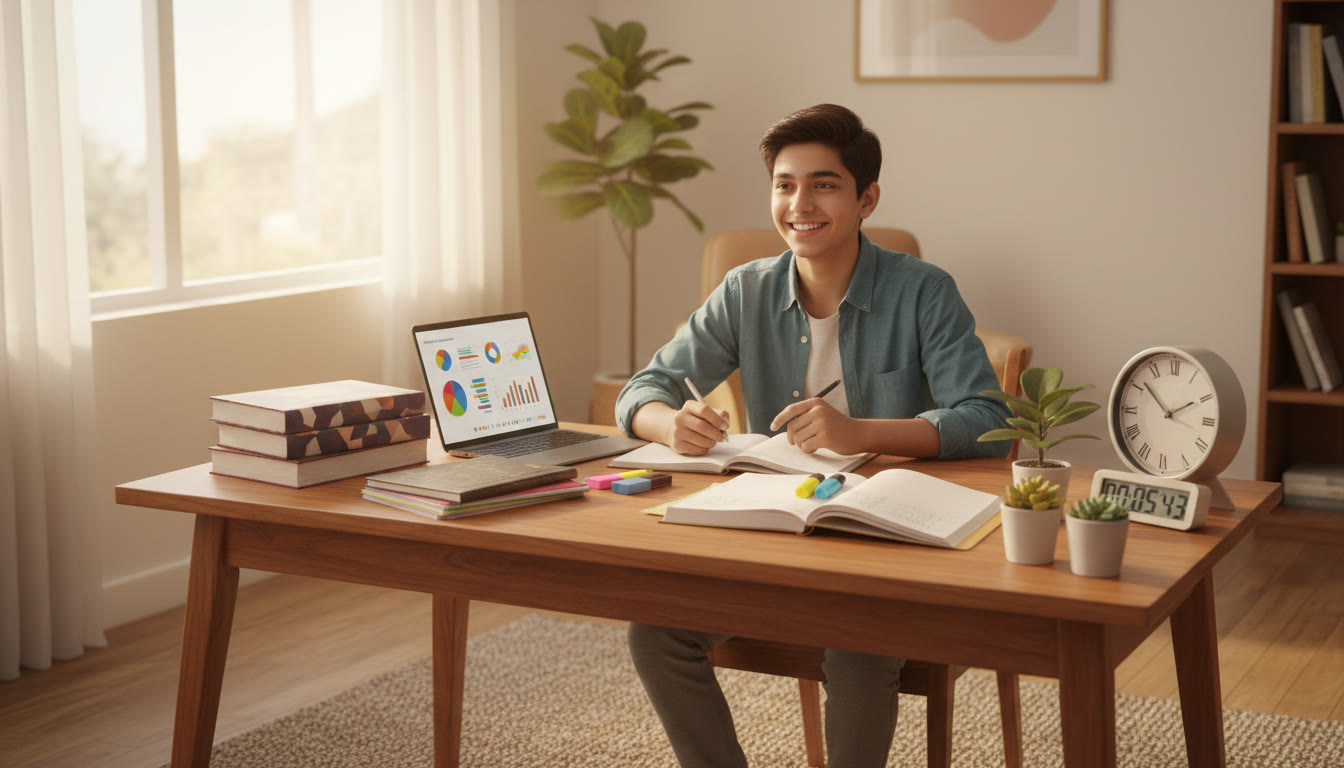 Photo Idea : A focused student at a desk with CBSE textbooks, neatly organized notes, and a clock showing a timed mock test