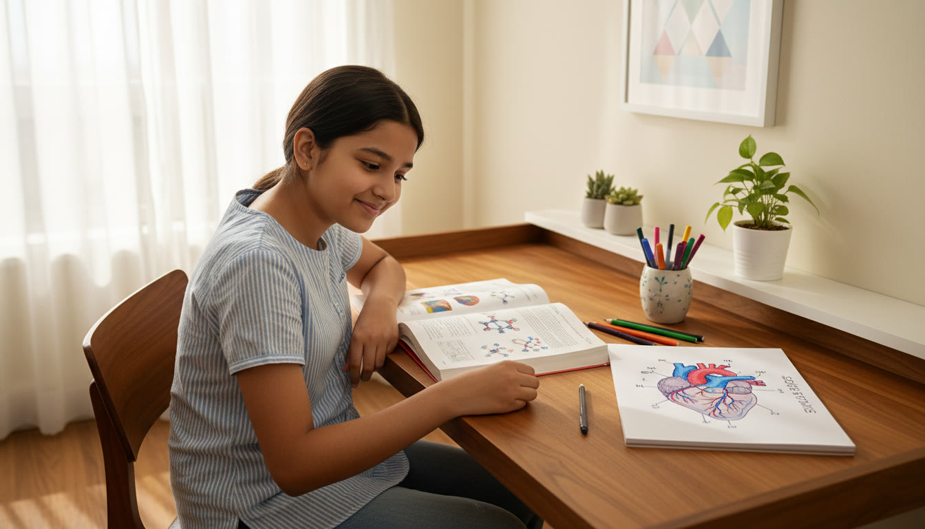 Photo Idea : A focused student at a desk with a science textbook, colored pens, and a neatly drawn diagram on paper