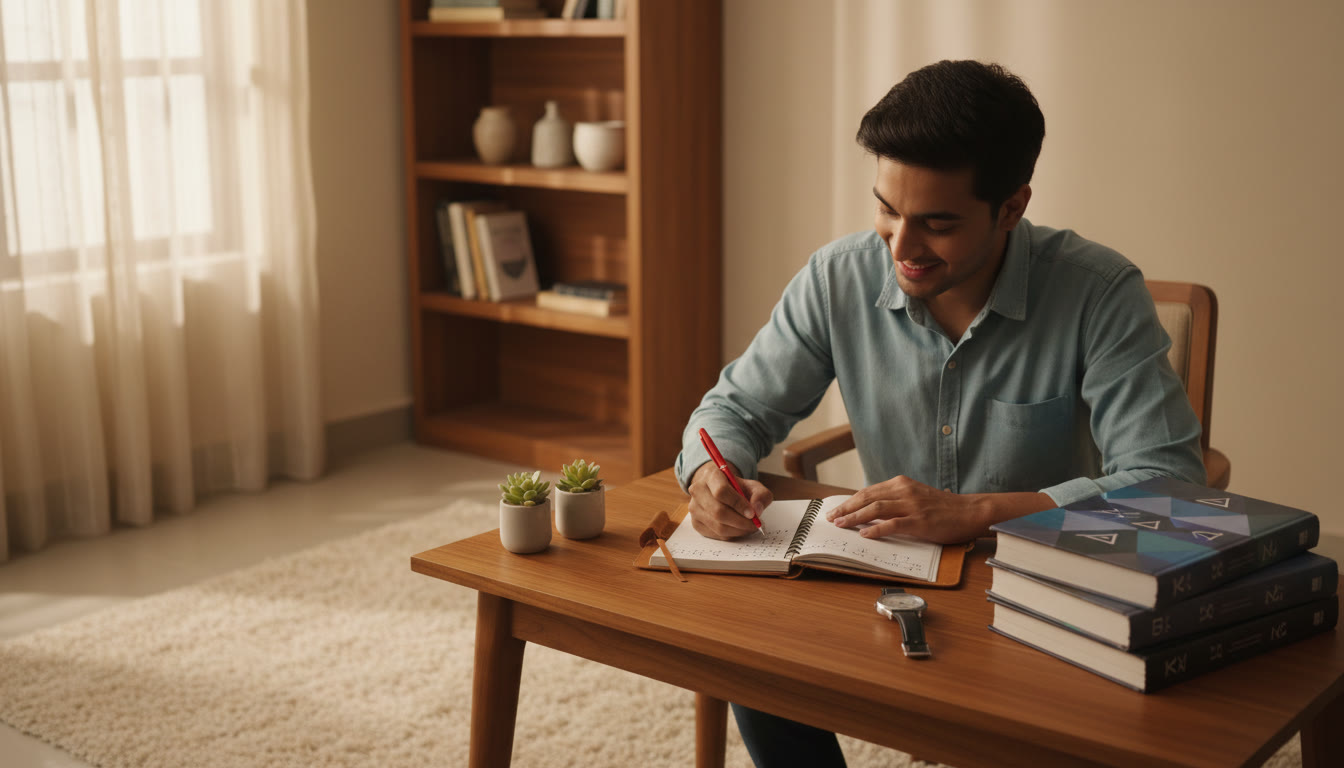 Photo Idea : A student marking errors in a compact notebook labelled