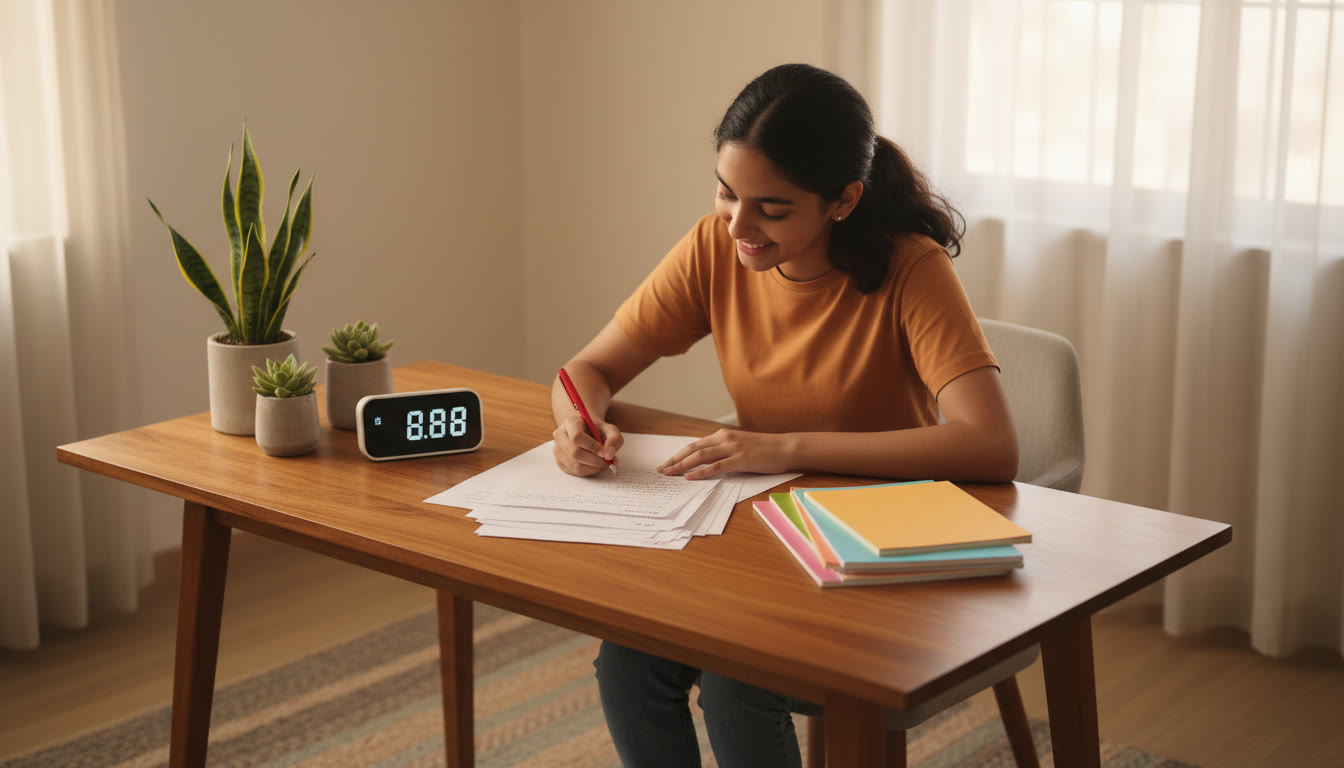 Photo Idea : Student at a desk marking errors on a mock answer sheet with a timer and study notes