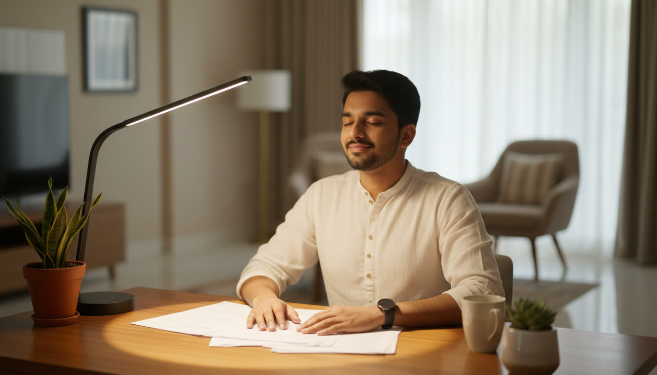 Photo Idea : A calm student sitting at a desk with test papers, a watch, and a clear desk lamp, breathing deeply before a mock test