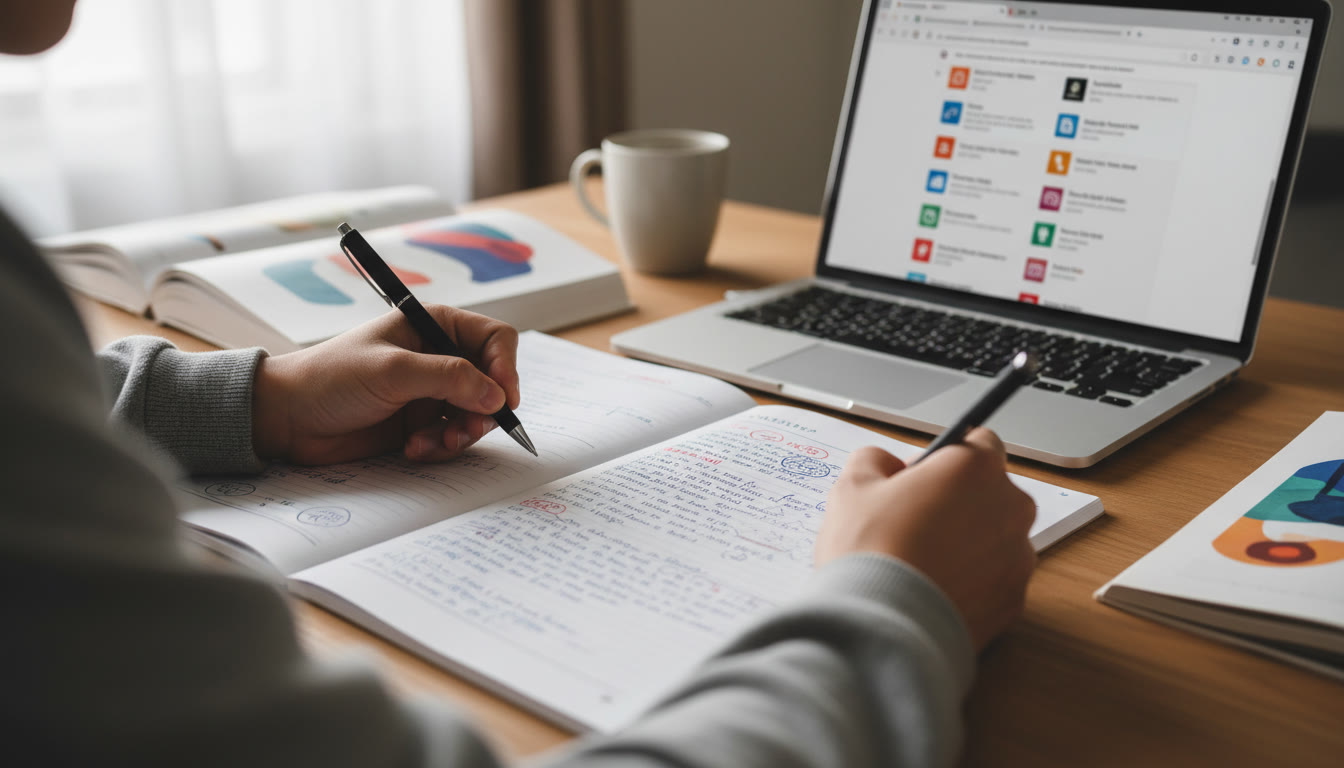 Photo Idea : Close-up of a student’s hands writing on an annotated Extended Essay draft next to a laptop with reference tabs