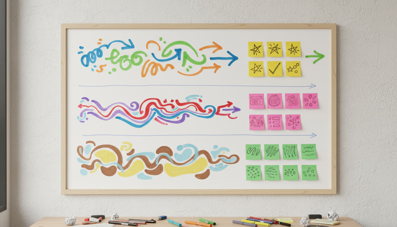 Photo Idea : A three-lane visual timeline on a whiteboard labeled IA, EE, TOK with sticky-note milestones
