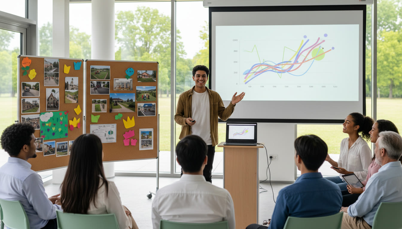 Photo Idea : Student presenting a long-term community project to a small audience, with posters and a laptop