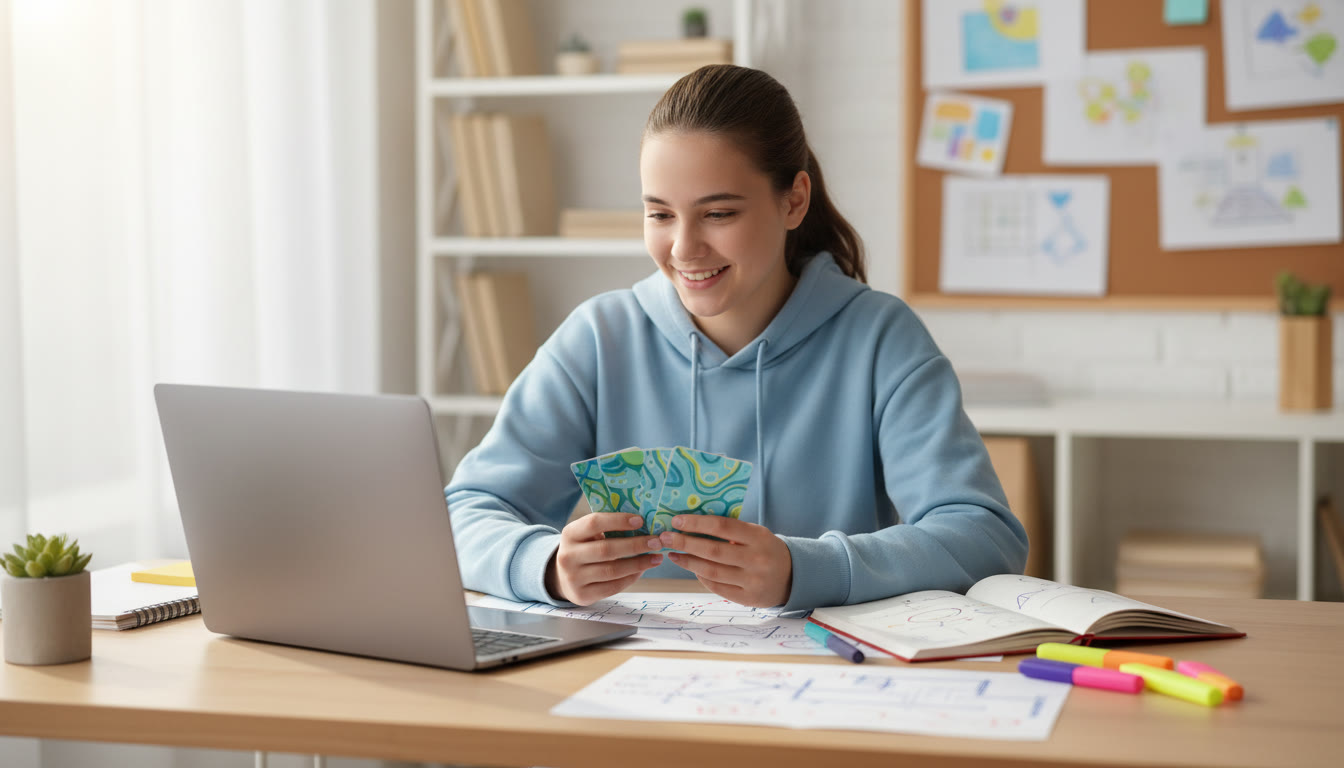 Photo Idea : Student at a clean desk with psychology flashcards, notes, and a laptop, looking focused
