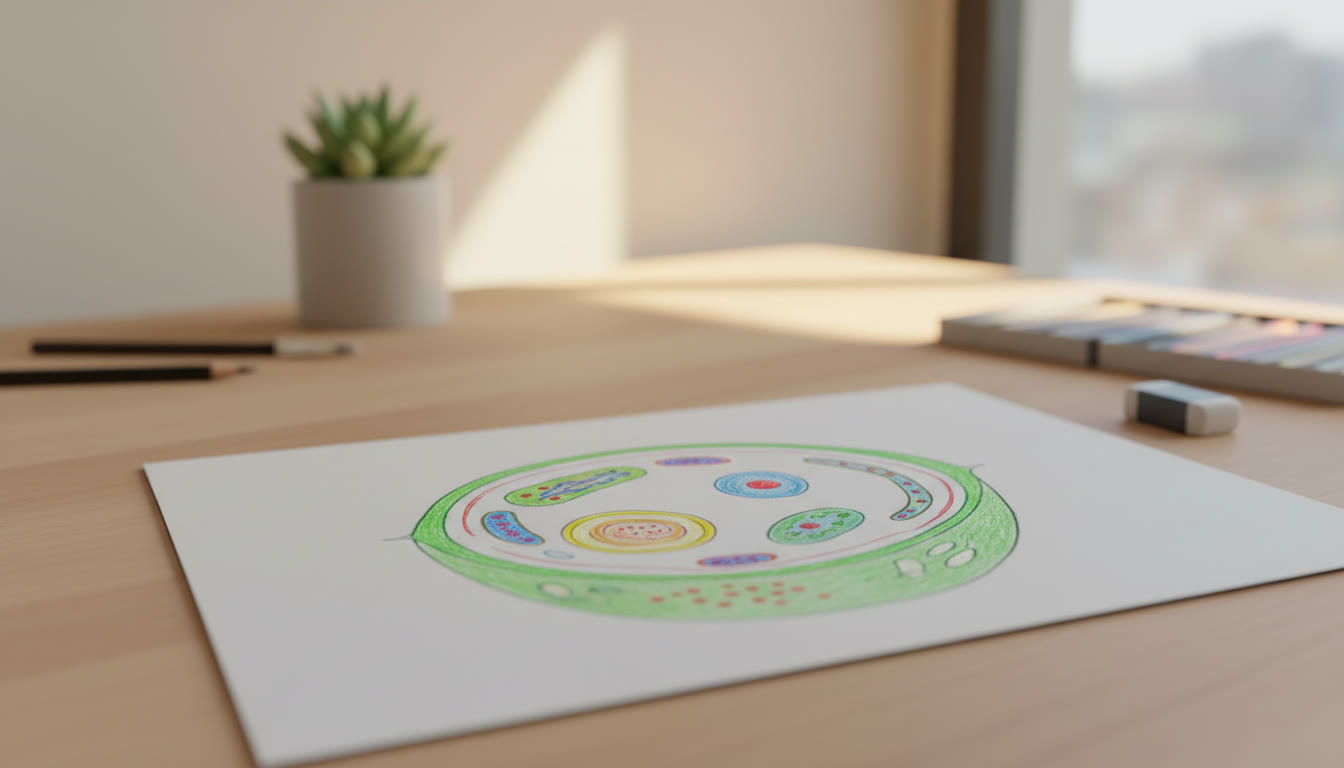 Photo Idea : Close-up of a well-labelled biology diagram drawn with colored pencils on white paper
