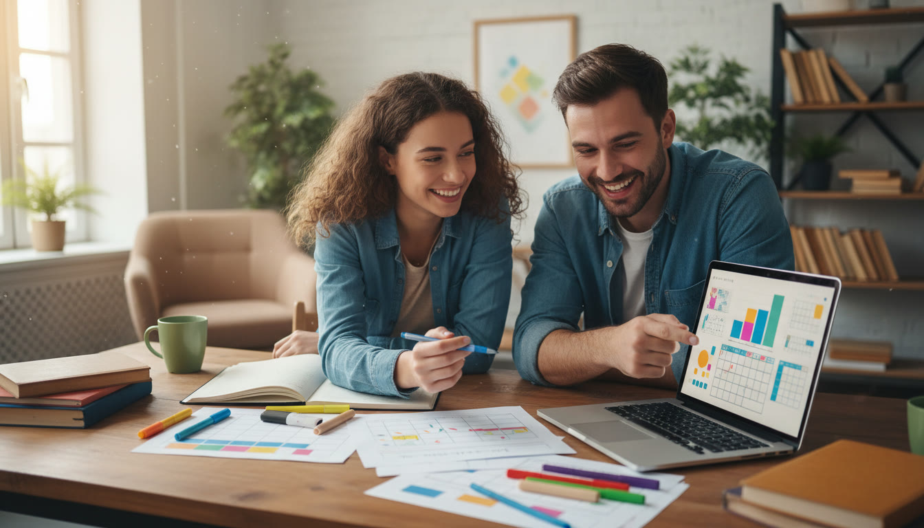 Photo Idea : Student and tutor pointing at a laptop screen while sketching a study calendar on paper